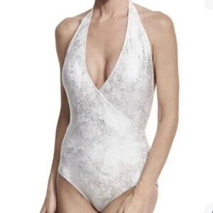 CARMEN Marc Valvo Wild Story Silver Foil Surplus 1 Piece Bathing Swim Suit Sz 8